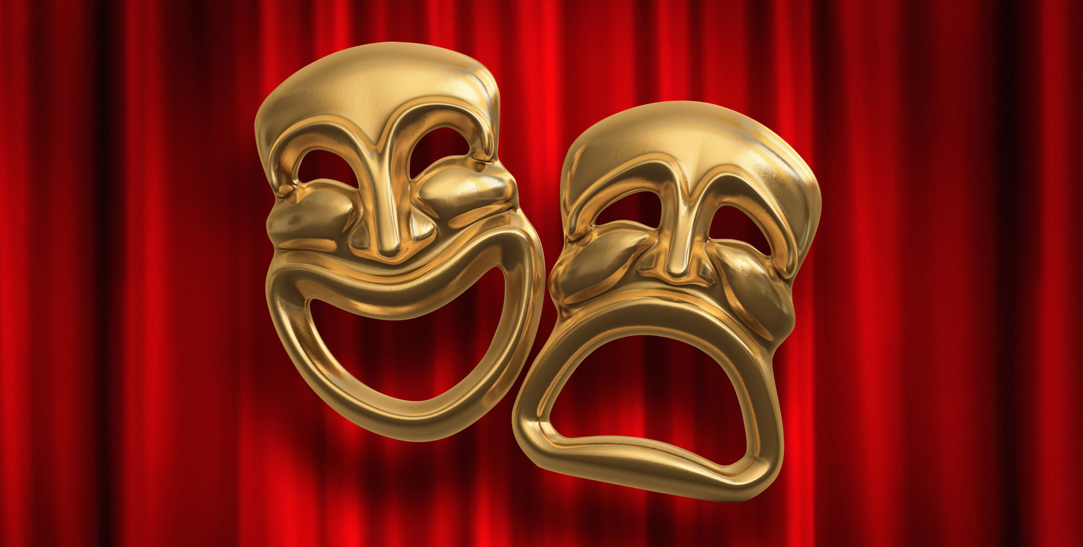 Classical comedy-tragedy theater masks against a red theatre curtain